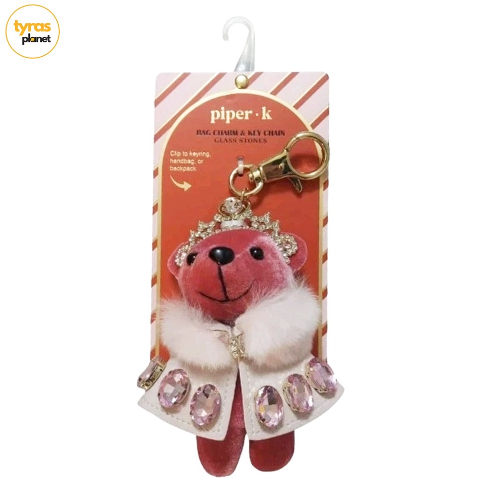 Piper K Pink Princess Rhinestone Plush Bear Keychain Bag Charm Pink Glass Stones